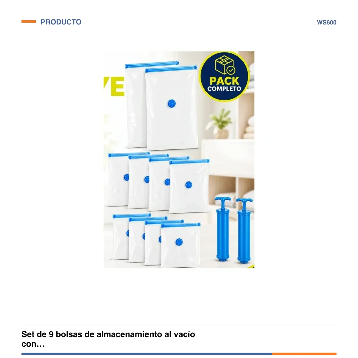 Set de 9 bolsas de almacenamiento al vacío con bomba